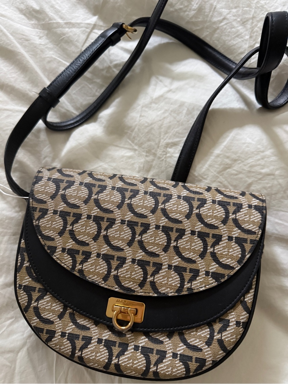 Salvatore Ferragamo Tan, Black & Gold Logo Jacquard Saddle Crossbody